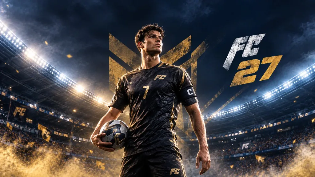 FC 27 cinematic stadium banner with a football player in a black and gold kit holding a ball, with the FC 27 logo on the right.